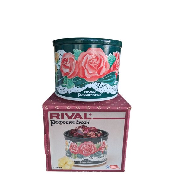 Vintage Rival Potpourri Crock Pot 3206 Green Lace Roses Tested Working - Picture 1 of 10